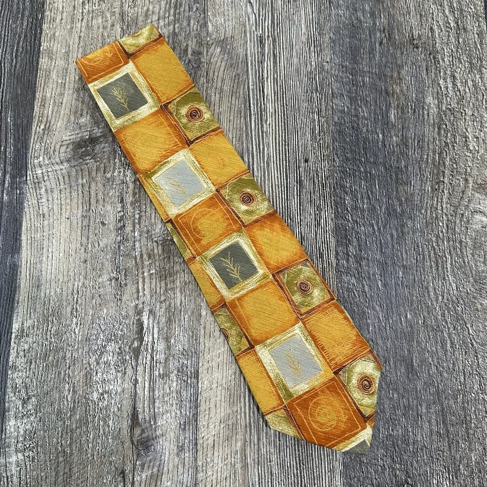 Ermenegildo Zegna 100% Silk‎ Tie Geometric Square Pattern Gold Orange Gray Italy